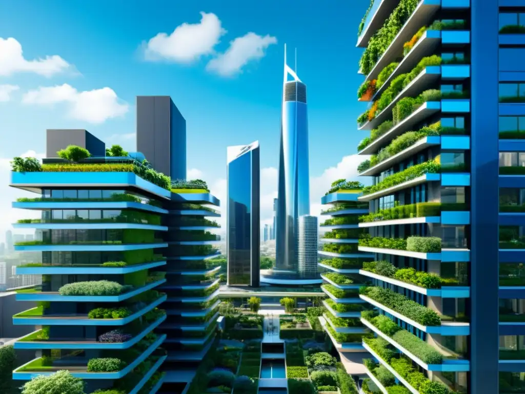 Vista urbana futurista con NanoArquitectura sostenible para ciudades, edificios integrados en el paisaje con jardines verticales y paneles solares