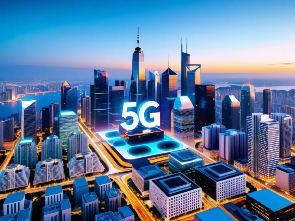 Vista urbana futurista con torres 5G integradas entre rascacielos, simbolizando la innovación y conectividad de las tecnologías emergentes 5G para superar la brecha digital