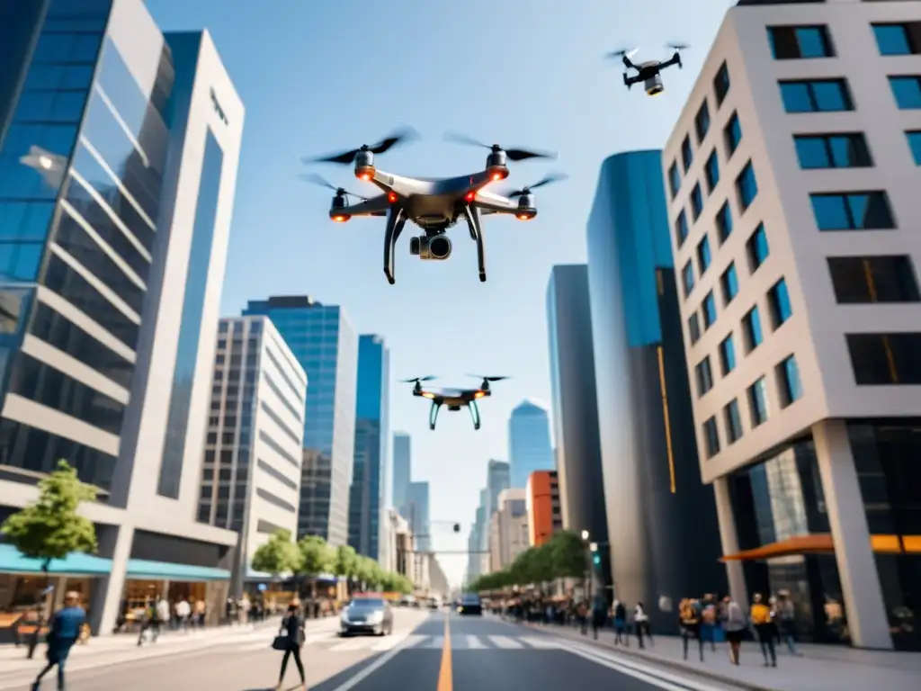 Vista urbana impactante con drones entregando paquetes entre edificios