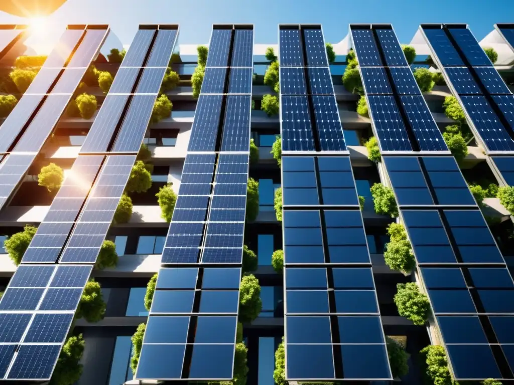 Vista urbana moderna con edificios futuristas y paneles solares orgánicos, destacando la innovación sostenible en el paisaje urbano