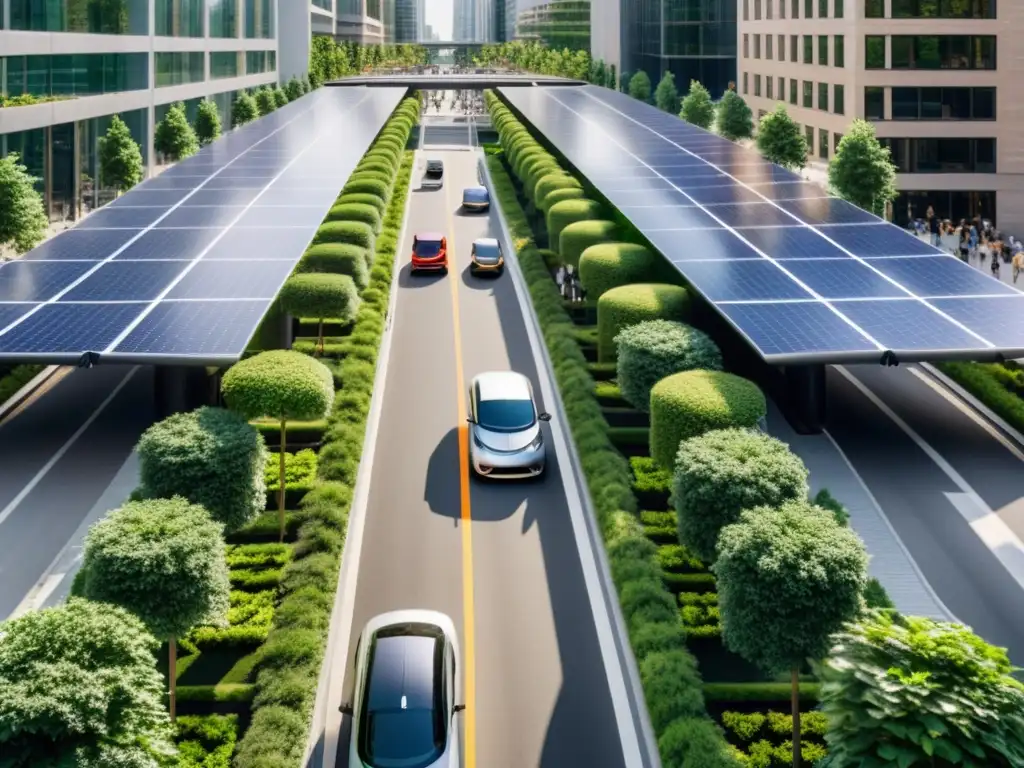 Vista urbana con rascacielos, vehículos eléctricos, paneles solares y tecnologías sostenibles en ciudades inteligentes