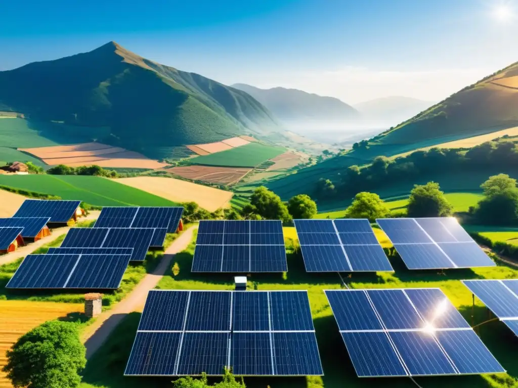 Vista vibrante de un pueblo rural con paneles solares, representando la integración de energía sostenible en el desarrollo global