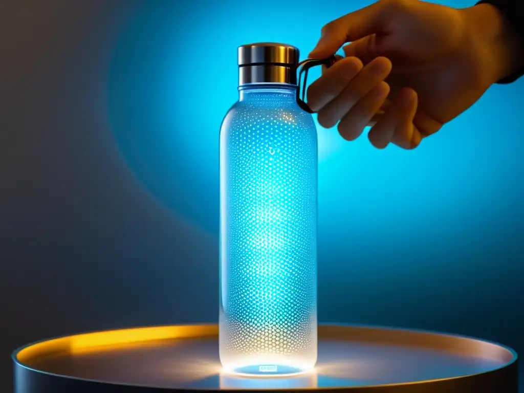 Un vistazo detallado a una botella de agua futurista con detalles metálicos, iluminada por una luz ambiental suave