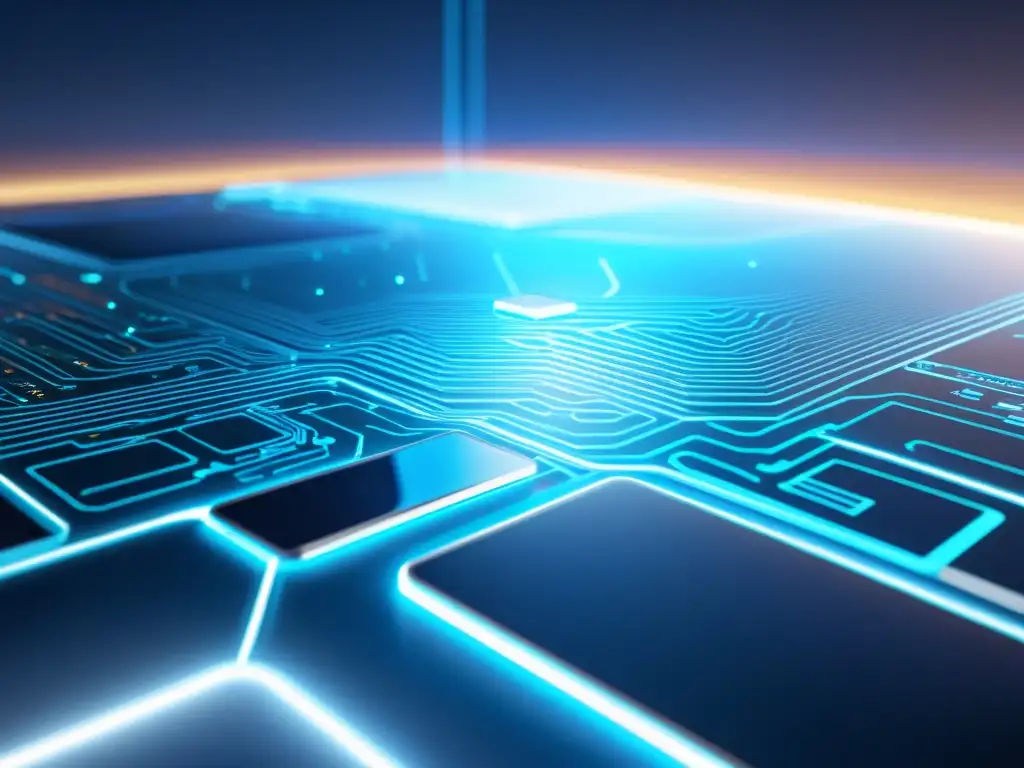 Representación visual de la evolución de algoritmos de inteligencia artificial en un sistema informático futurista con líneas de código y datos vibrantes