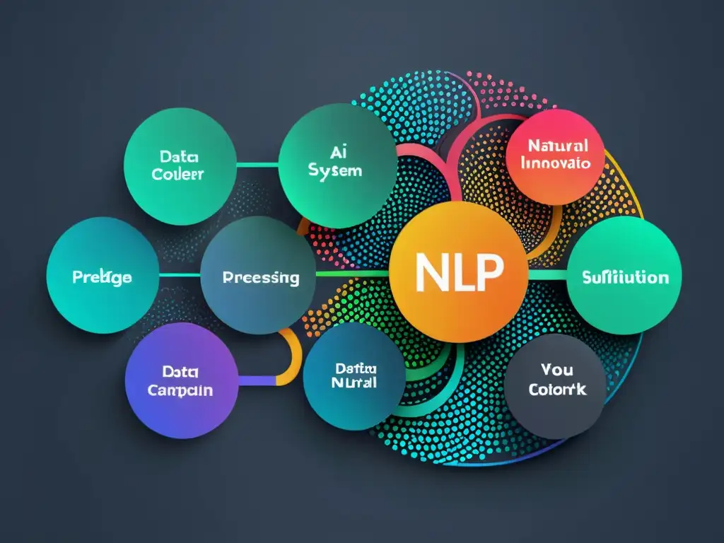 Una representación visual impactante del Procesamiento del Lenguaje Natural en IA, con diseño futurista y visualizaciones dinámicas de datos