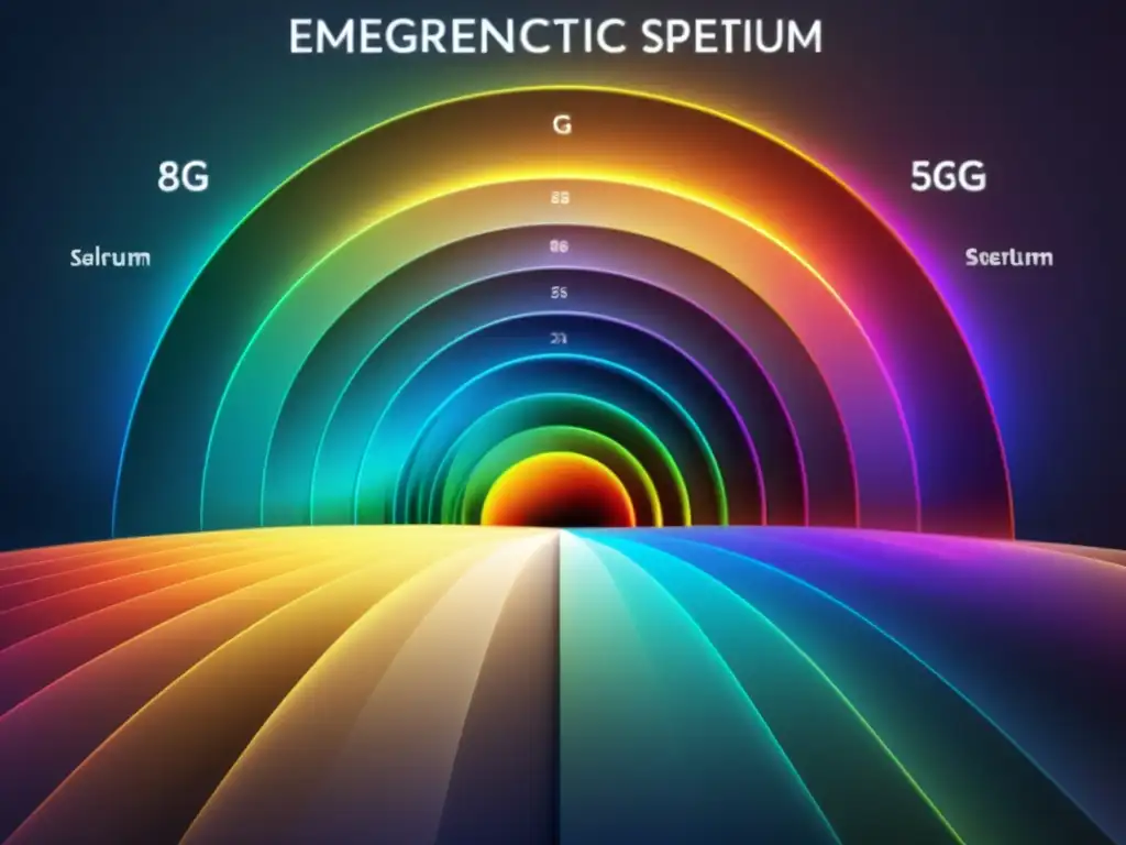 Una representación visual vibrante y detallada del espectro electromagnético, destacando las frecuencias relevantes para la tecnología 5G