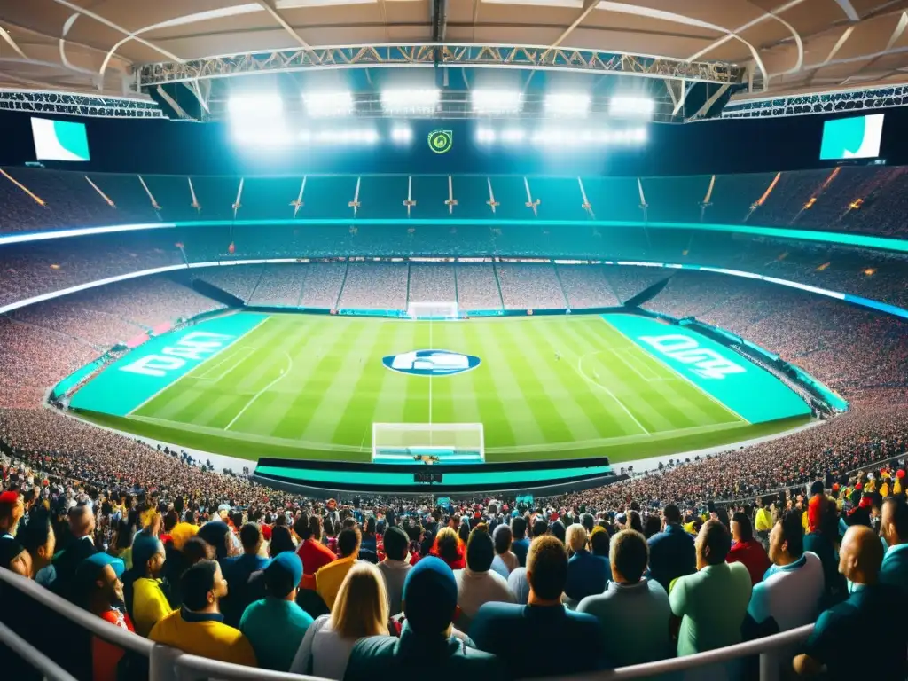 Transmisión en vivo eventos deportivos 5G: Estadio lleno de fans vibrantes y colores intensos, capturando la emoción de un evento deportivo en directo