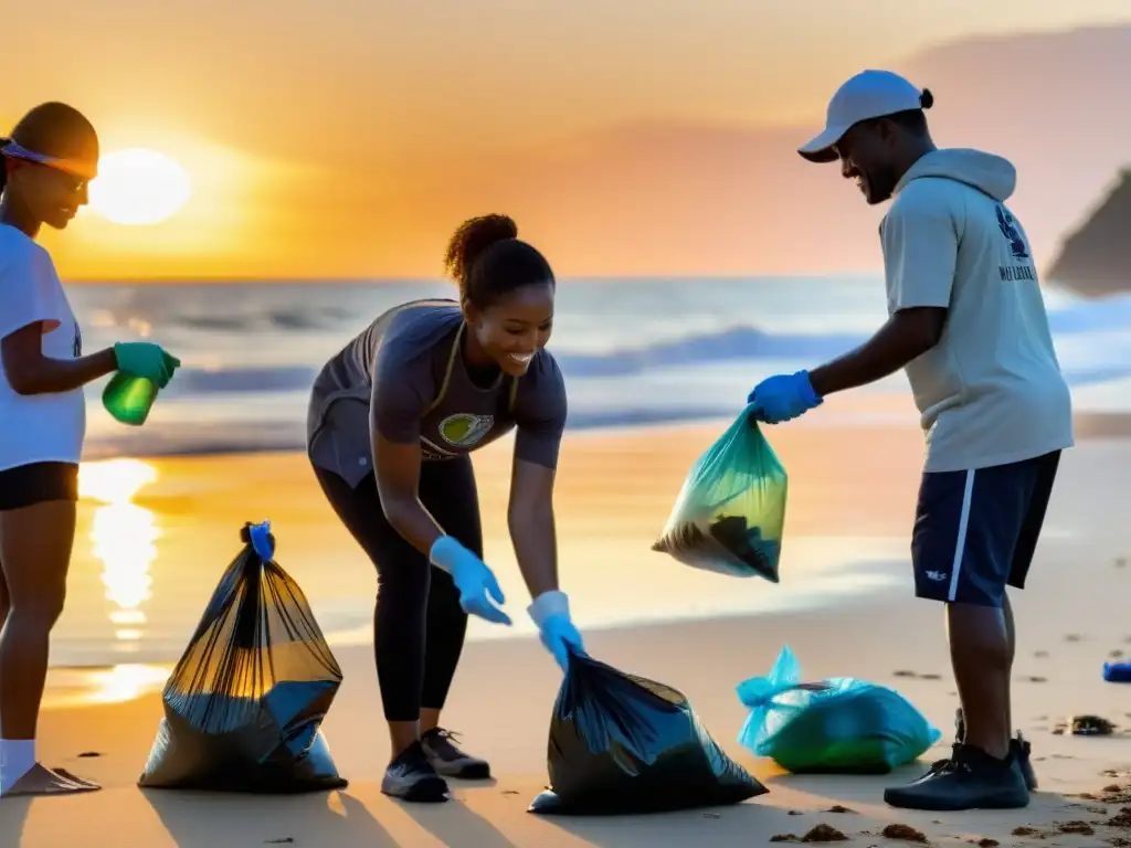 Voluntarios limpian la playa al atardecer, destacando su impacto ambiental positivo